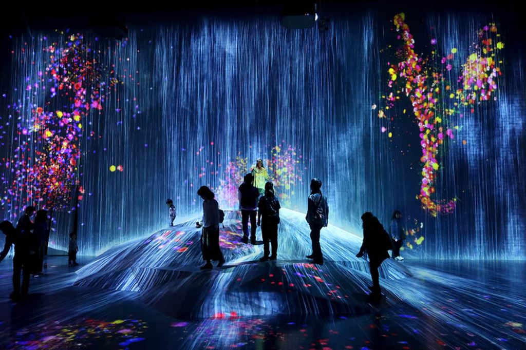 Light installation that looks like a hill with rain falling upon it