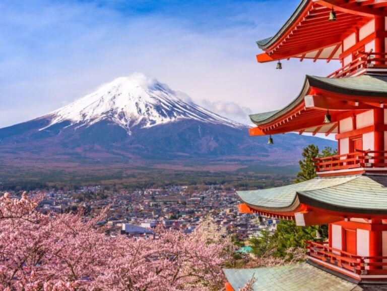 Mount Fuji with cherry blossoms and a pagoda in the background