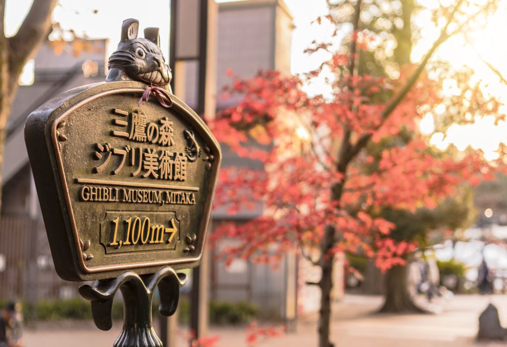 sign with a cat figure on top. It reads 'Ghibli Museum Mitaka 1100m with an arrow