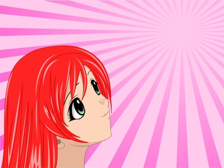 drawing in manga/anime style of girl with big eyes and bright red hair on a pink background