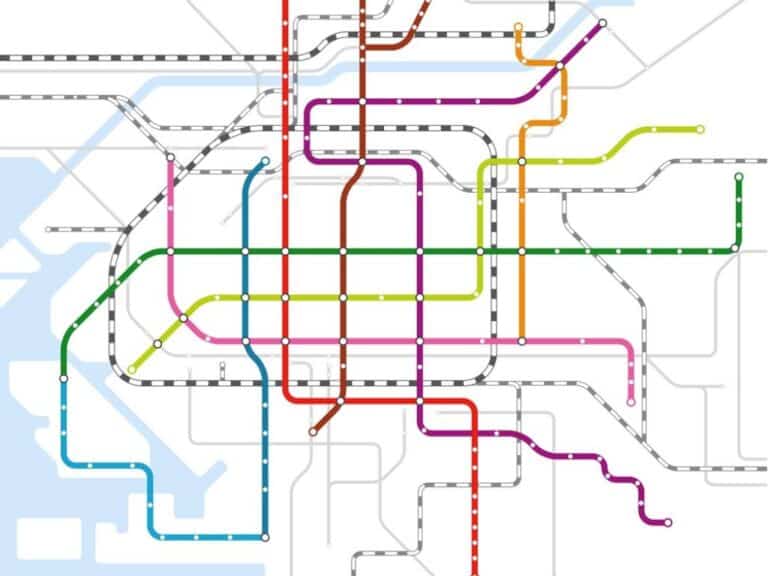 Line drawing representing the main train lines in Osaka