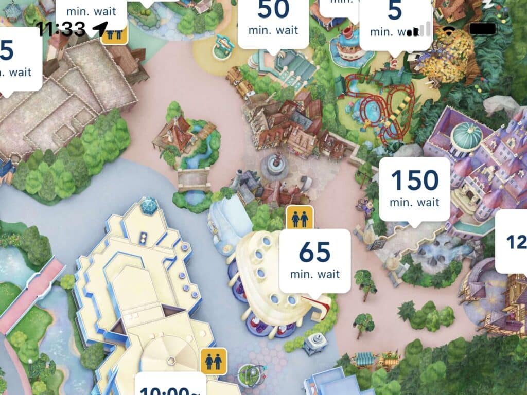 Image from Tokyo Disney Resort App showing the wait times for rides in Tokyo Disneyland.