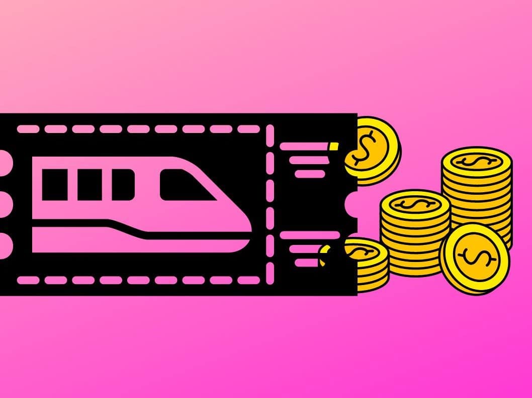 Graphic representing the increase in price of the Japan Rail Pass. It has a shinkansen drawing on a ticket on top of a pile of gold coins