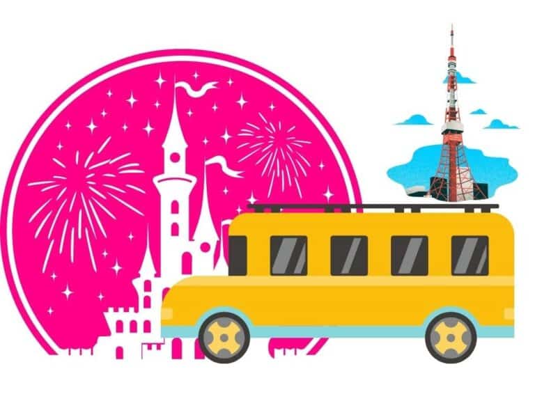 Graphic representing Disney Shuttle buses - it shows a yellow bus in front of the drawing of a Disney-style castle with fireworks in the background. The Tokyo Tower is shown in the distance