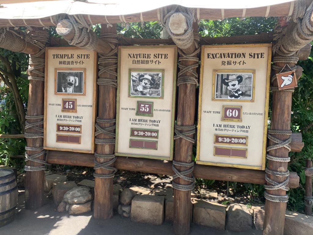 One benefit of the Tokyo Disney Vacation Packages is access to a short queue to meet Mickey. The picture shows queue times at a character greeting site in Tokyo Disneysea where waits are 45 minutes for Donald Duck, and 55 or 60 minutes to meet Mickey and Minnie