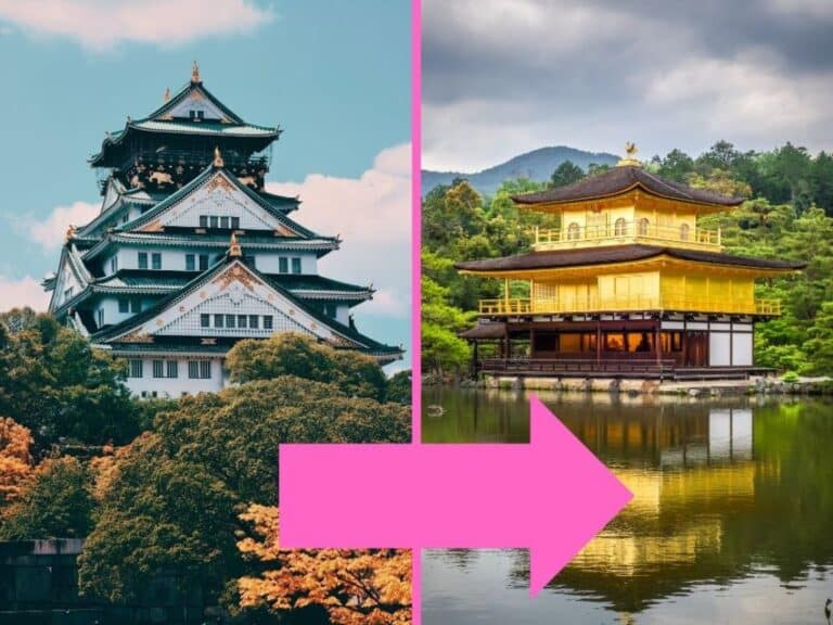image of osaka castle with it's white walls and green roof. A pink arrow then points at Kinkaku-ji - the golden temple in Kyoto illustrating going from Osaka to Kyoto