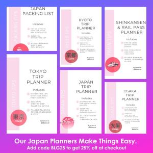 Covers of the Japan planners by Japlanease. It reads Our Japan Planners Make Things Easy. Add code BLG25 to get 25% off at checkout.