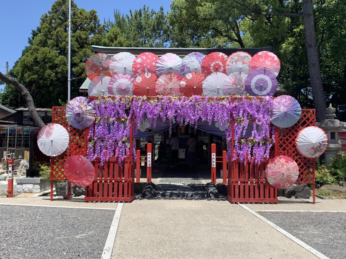 Instagrammable front of the Wakeoke Shrine in Nagoya. It has a red fence with purple wisteria growing over it and is covered in red, white and purple umbrellas.