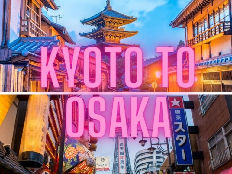 Split image of the famous pagoda in Kyoto and the tower in Osaka. Over the top the words Kyoto to Osaka can be found in pink writing.