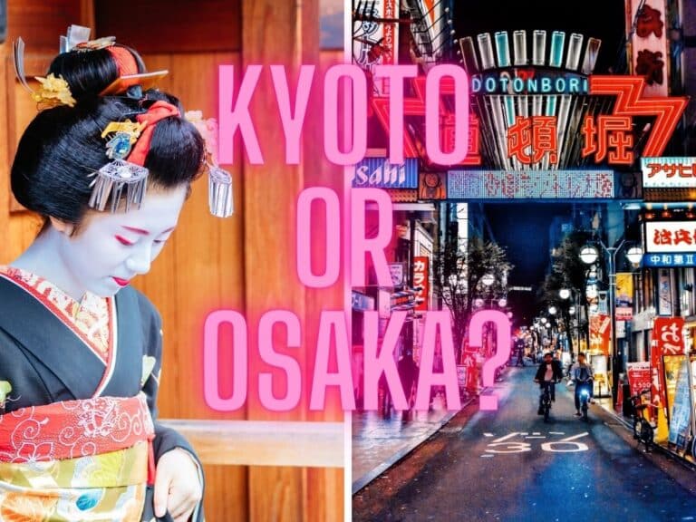 Split image with a geisha emerging from a building on the left and the bright lights of Dotonbori on the right. A caption in pink over the top reads Kyoto or Osaka?