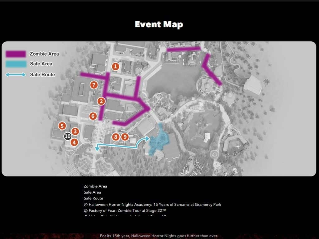 Map showing the Zombie areas and safe zone at Halloween Horror Nights in Universal Studios Japan
