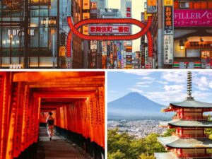 Collage image of Tokyo, Kyoto and Mount Fuji - all sights on this 7-day Japan itinerary