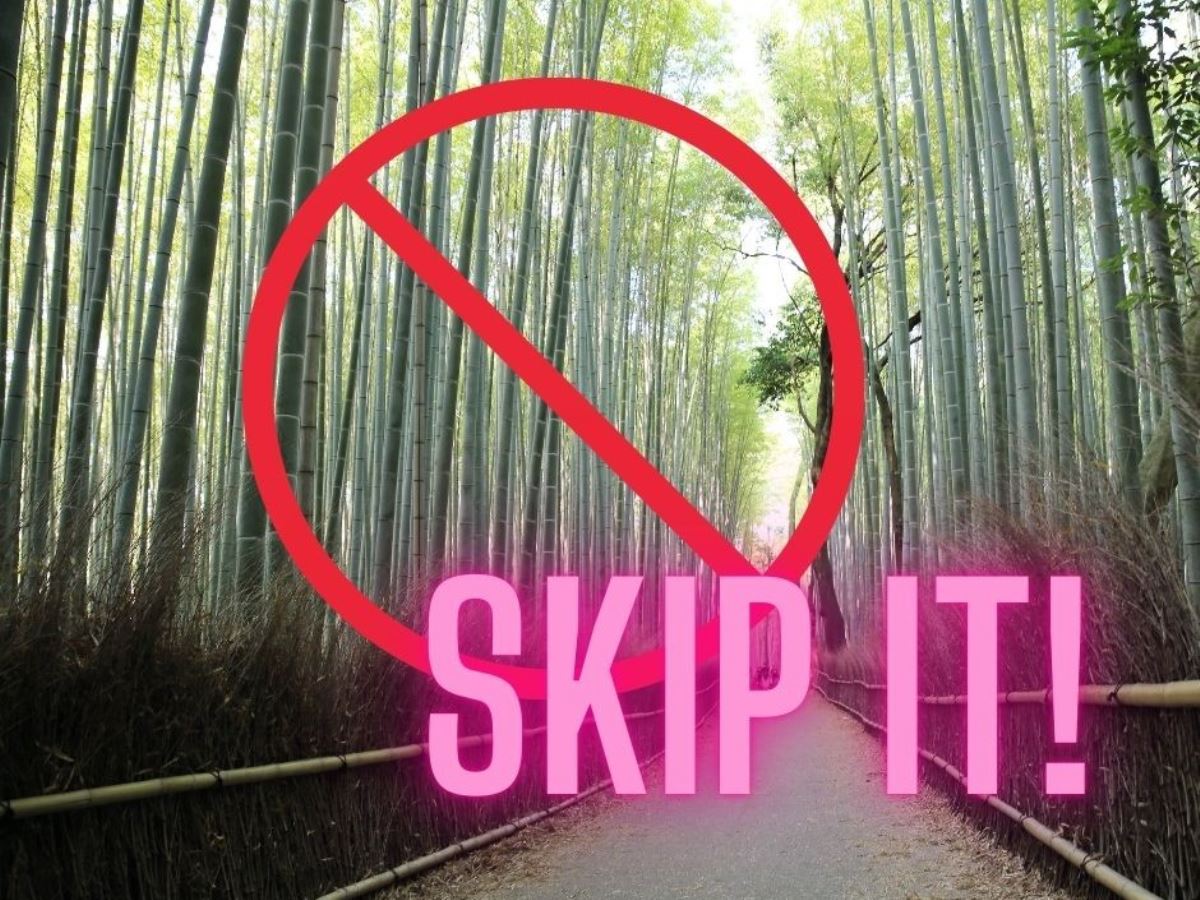 Arashiyama bamboo forest with the words 'skip it' written over it