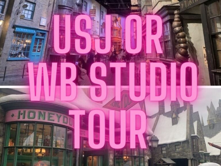 Split image of Diagon Alley at the WB Studio Tour in Tokyo and Hogsmead in USJ. The writing on the top reads USJ or WB Studio Tour