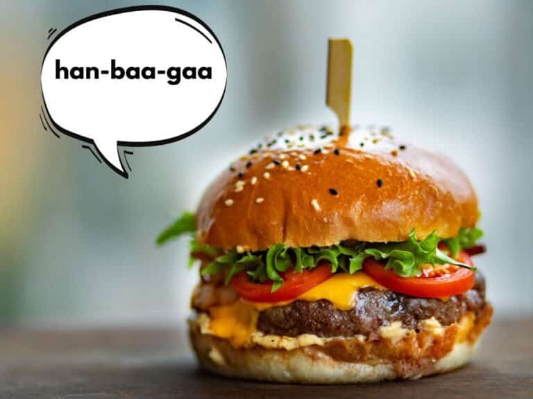 Image of a hamgburger. A speech bubble next to it has the Japanese pronunciation 'han-baa-gaa' next to it.