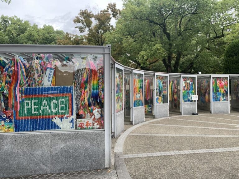 Coloured cranes in glass display boxes as the Children's Monument in Hiroshima