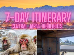 Composite shot showing highlights for this 7 Day Central Japan itinerary including Toyama mountains, Snow Monkeys and Kanazawa Castle