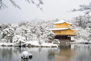 Kinkaku-ji in Kyoto blanketed in snow