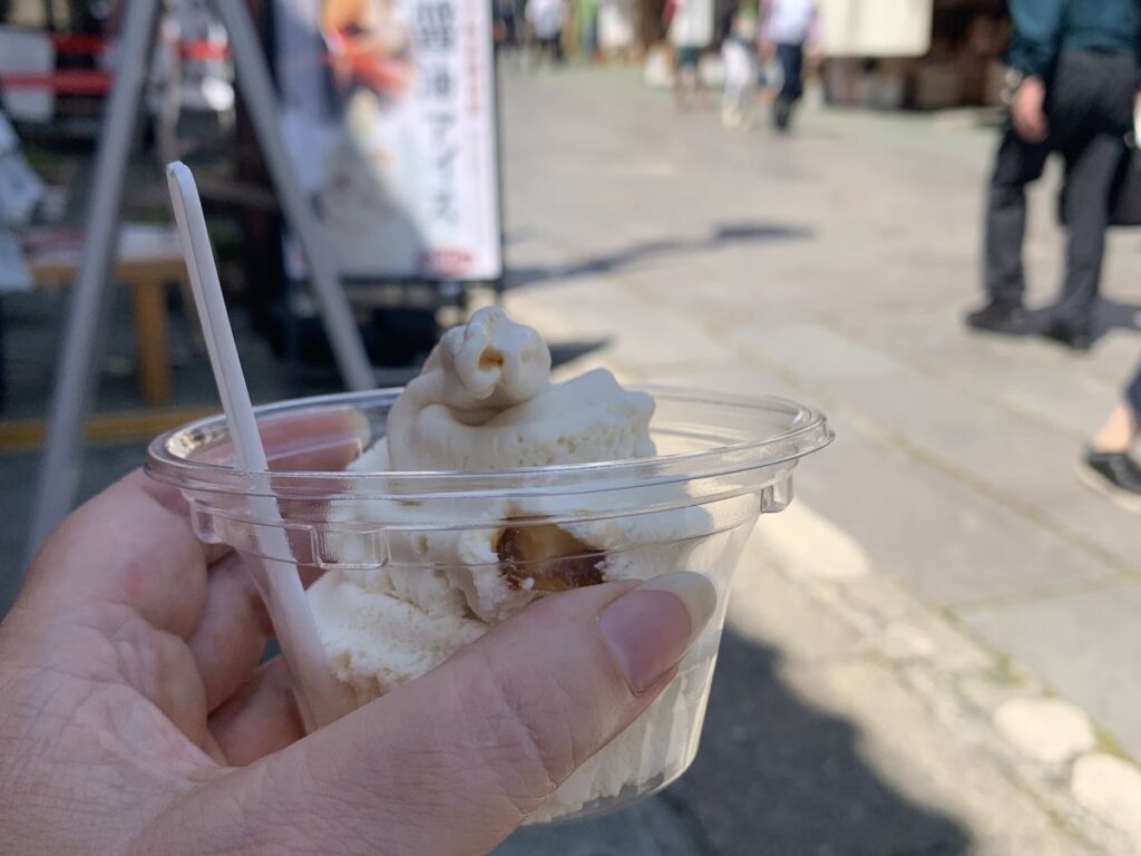 Pot of ice cream with soy sauce from a shop on the lead up to Zenkoji temple in Nagano