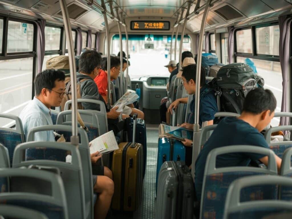 Image of people sitting on a bus with luggage. This image was created with AI