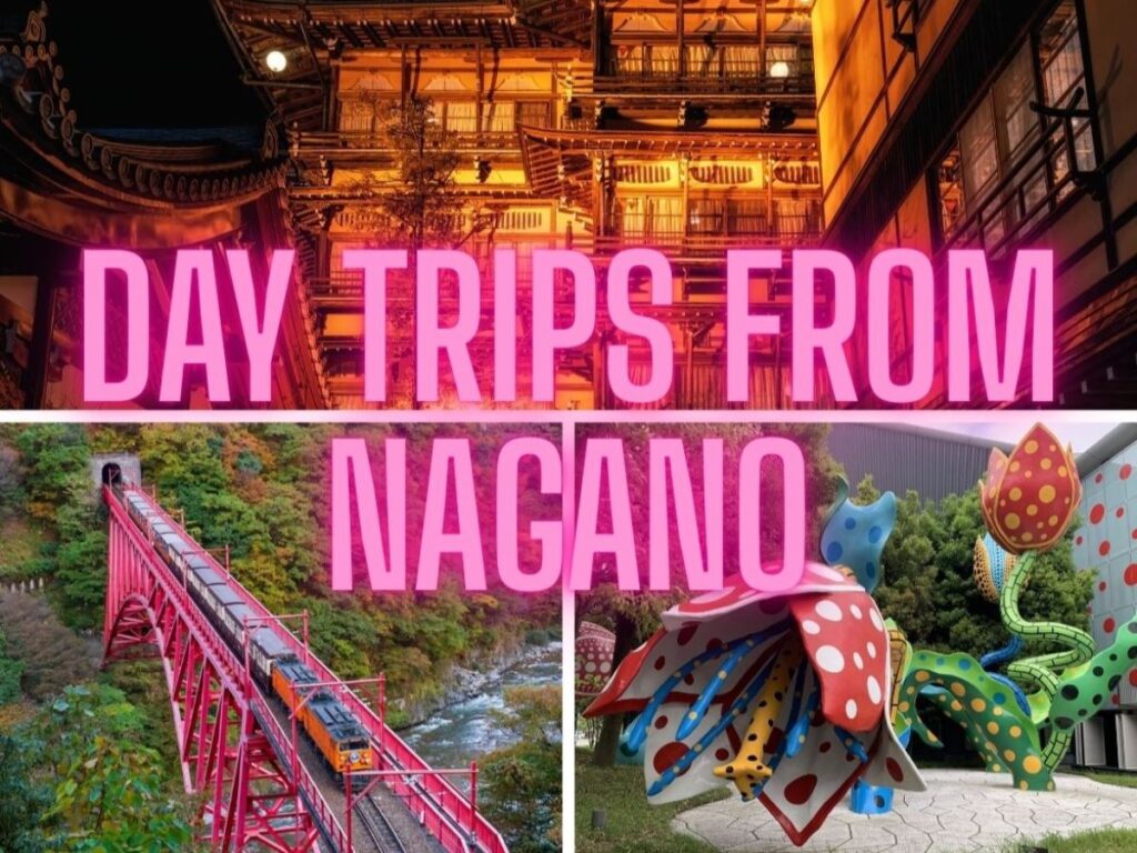 Composite image showing Shibu Onsen lit up at night, the Kurobe gorge Railway and Yayoi Kusama flower sculptures outside Matsumoto Art Gallery - all available to visit for the day from Nagoya.