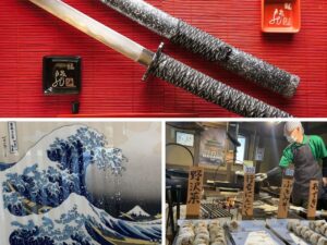 Composite pictures showing elements of the hands on experiences you can try in Nagano like learning to use katana, painting the Great Wave and making oyaki dumplings