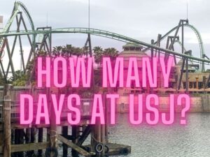 Track of the Flying dinosaur ridea t USJ - pink letters over the image read How Long Should You Spend at USJ