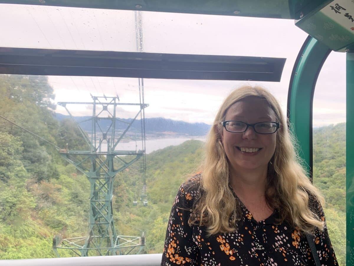 Helen from Japlanease smiles on the ropeway coming up Mount Misen - I'm scared of heights so the smile is a bit more like a grimace!