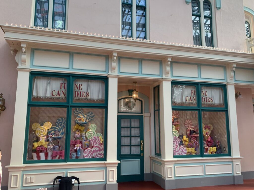 Sweet shop in Tokyo Disneyland showing giant Mickey Mouse shaped lollipops