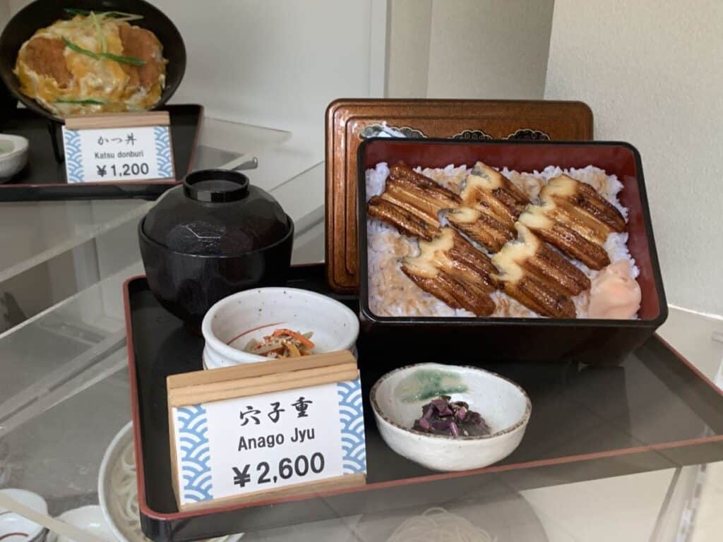 Plastic food model showing Anago eel pieces served on rice. The price listed for the set including pickles and soup is 2600 yen