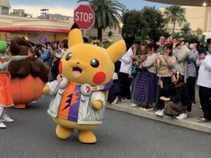 Pikachu in the parade at Halloween Horror night - parades are one of the things to do in USJ if you don't like rides