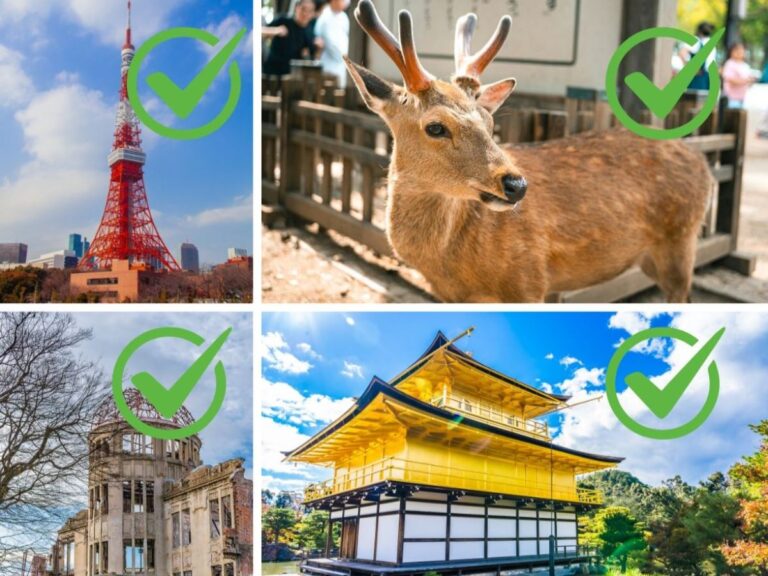 Composite image of famous places in Japan - Tokyo Tower, Hiroshima Atomic Bomb Dome, Nara Deer and Kinkaku-ji Golden Temple with ticks on them