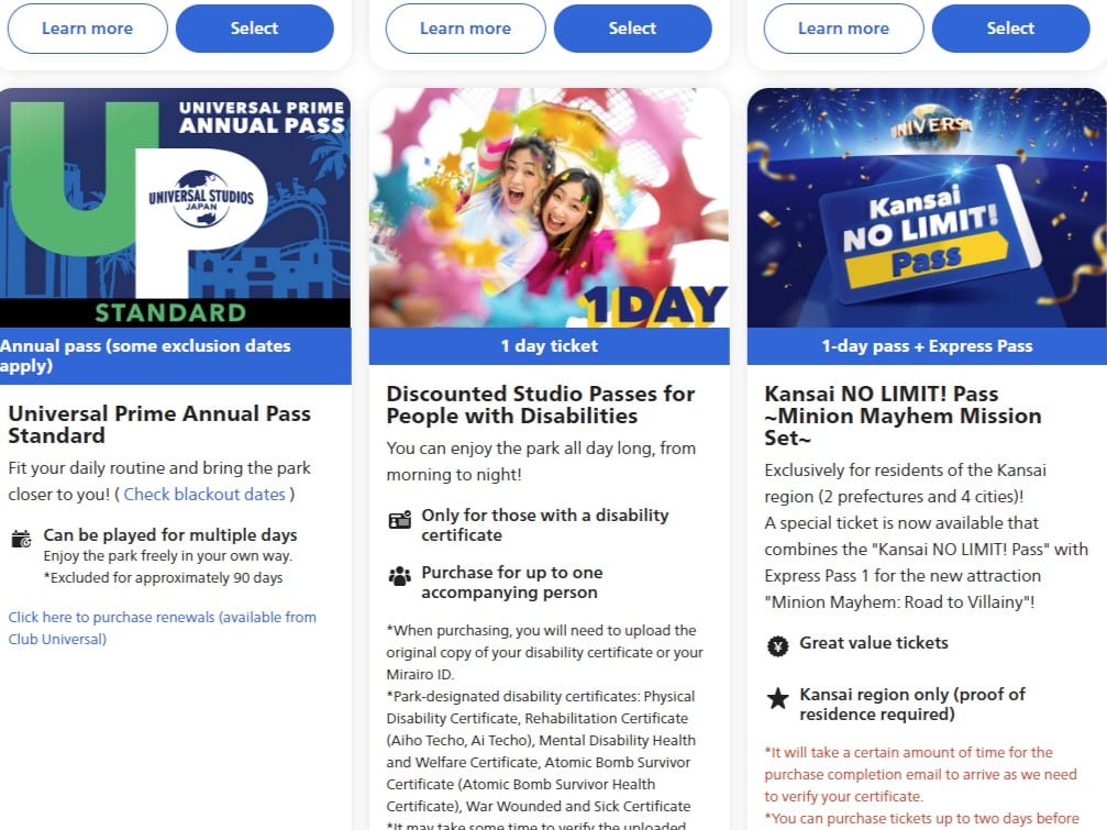 Screenshot showing the Studio Pass for People with Disabilities at USJ