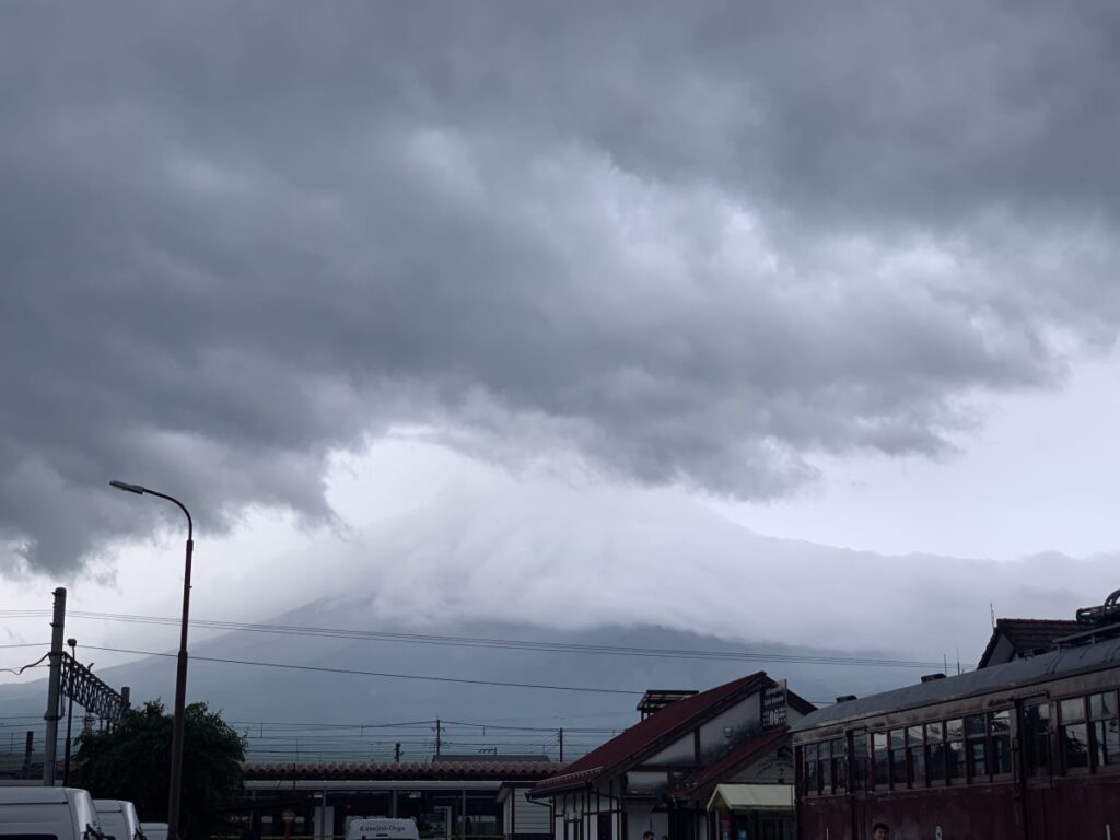 Cloudy day in Kawaguchiko with the lower slopes of Munt Fuji visible but the top obscured by clouds.