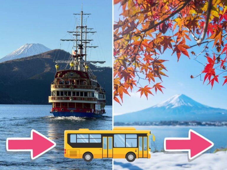 Split shot showing the Hakone Pirate boat and Mount Fuji with a cartoon bus running between them