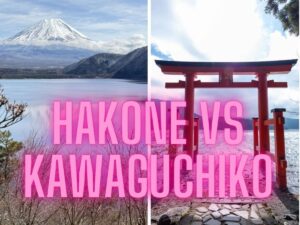 comparison image of Kawaguchiko and Hakone showing Mount Fuji covered in snow and Hakone Shrine and its lake front torii gate