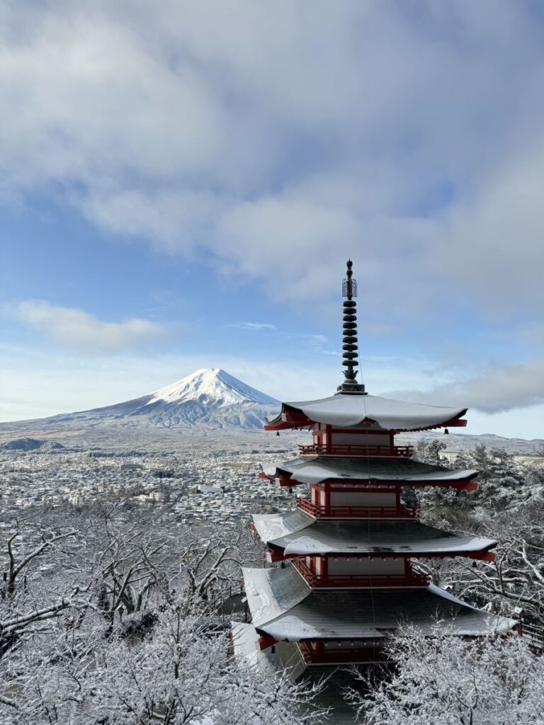 Mount Fuji behind the famous Churieto Pagoda in the foreground