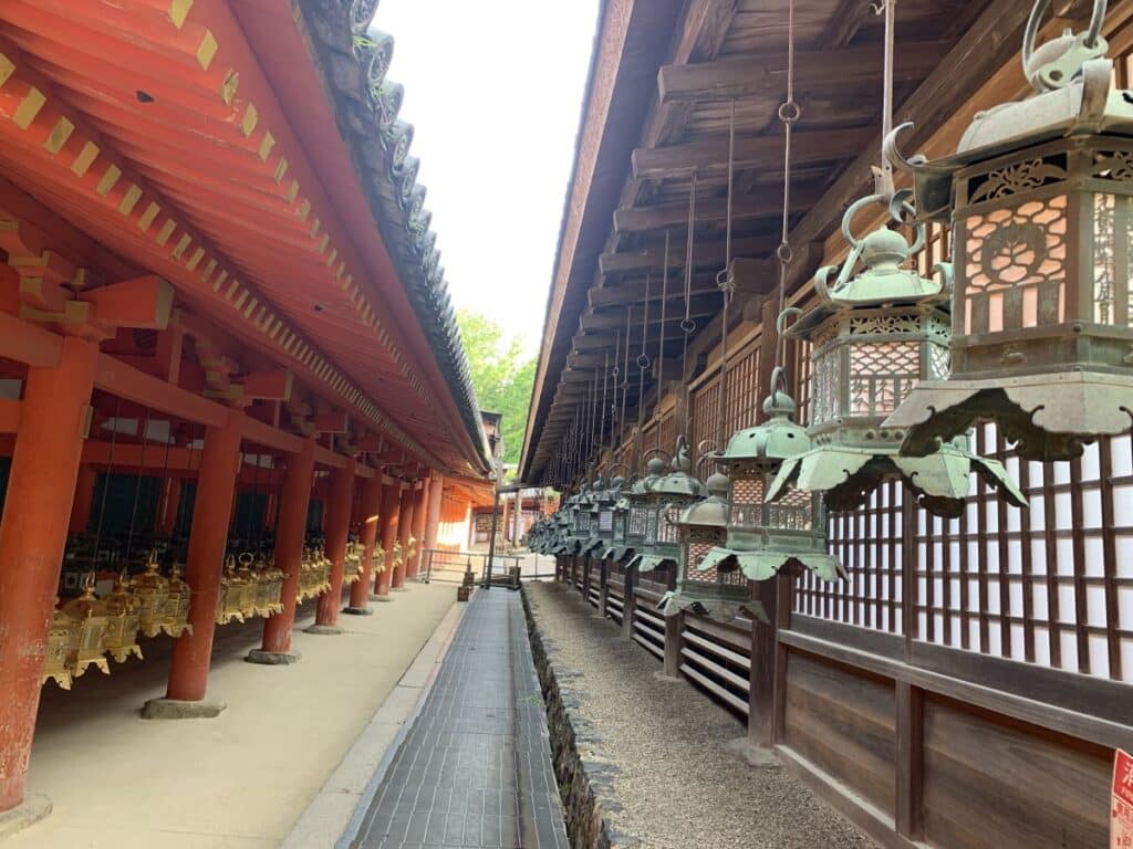 Bronze lanterns line the sides of the buildings at Kasuga Taisha in Nara