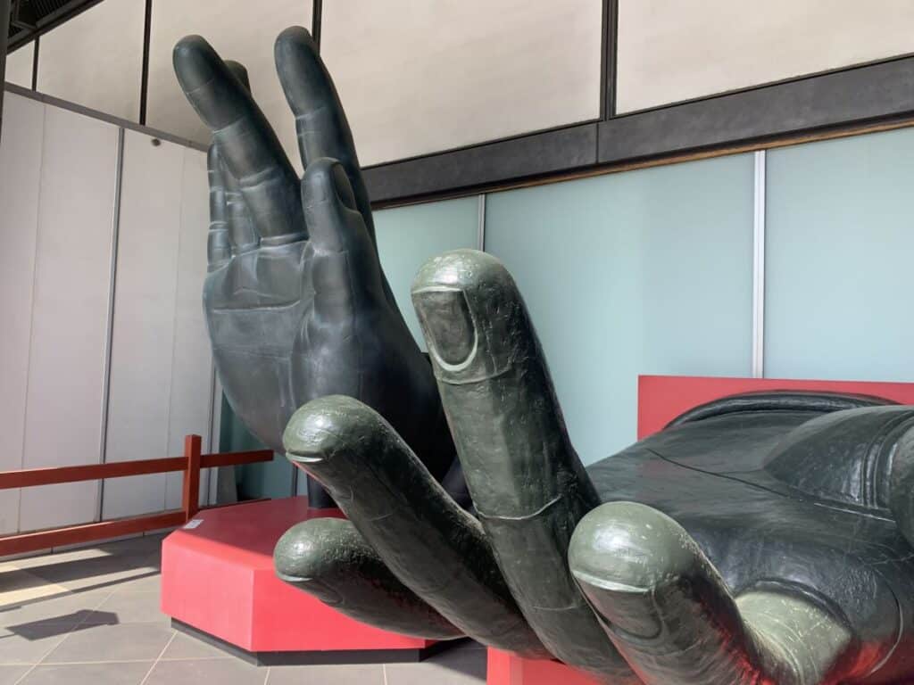 Models of the Buddha's hands outside Todaiji museum in Nara