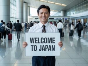 Man holding up a sign saying Welcome to Japan