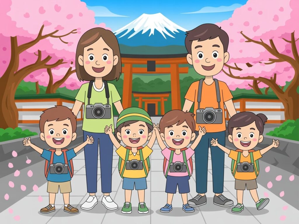 Cartoon of a family with four kids standing in a Japan-themed background with Mount Fuji, torii gates and sakura!