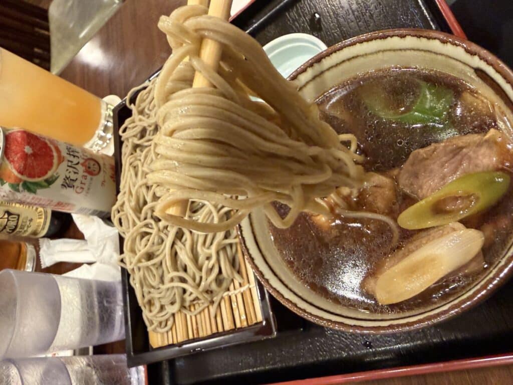 lifting soba noodles from soup