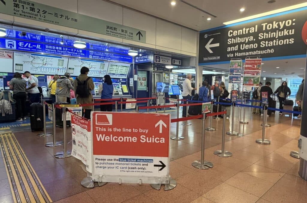 line for welcome suica cards at haneda terminal 3