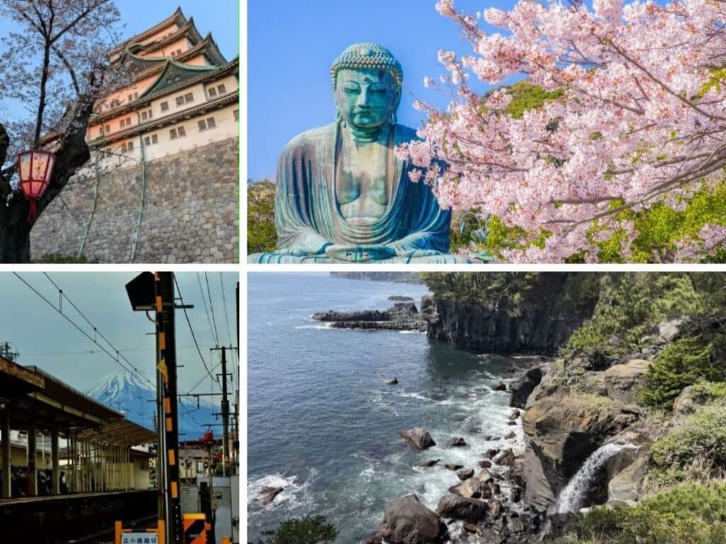 Composite shot showing four destinations from the list - Nagoya, Kamakura, Mishima and Izu Peninsula