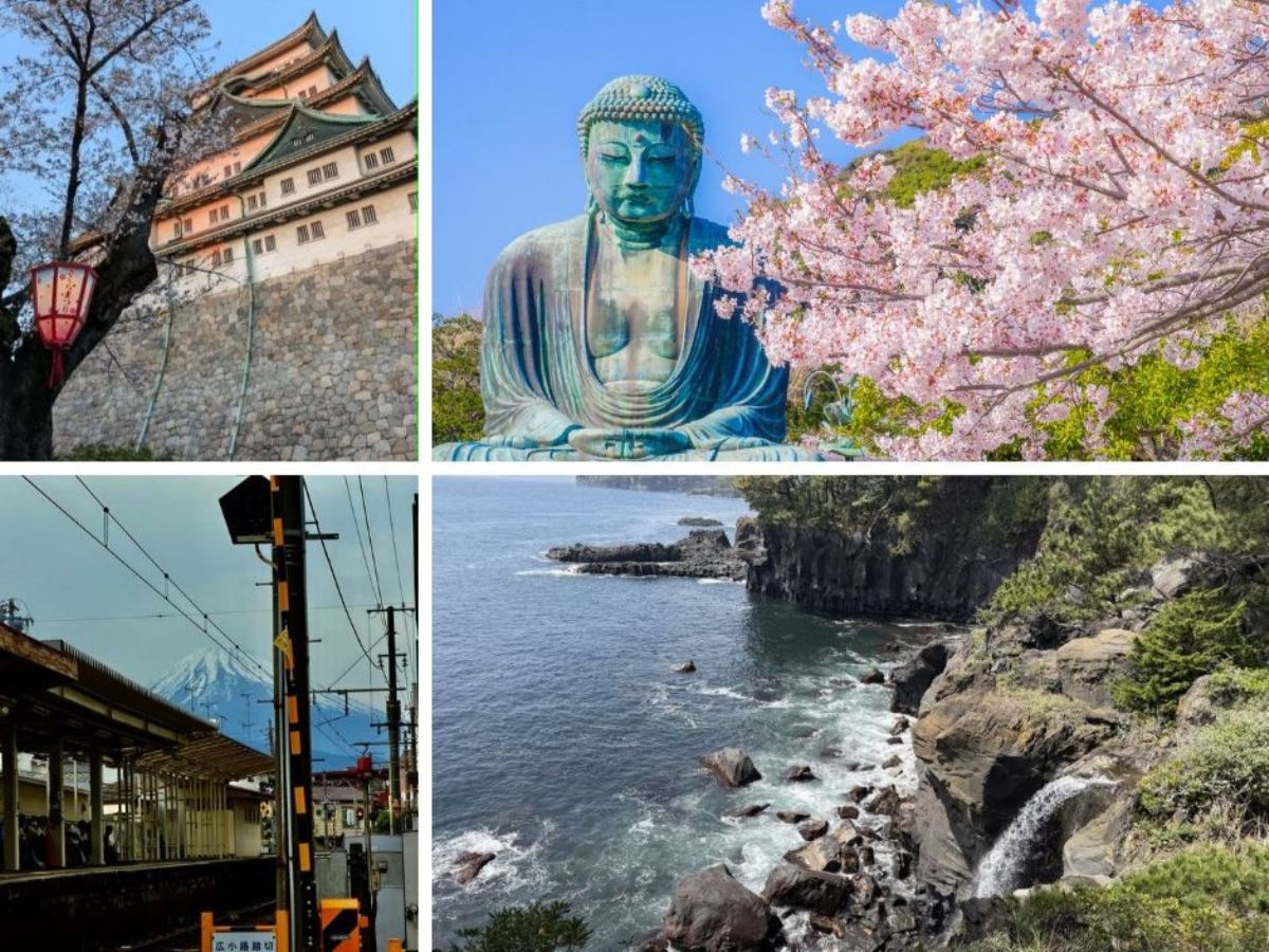 Composite shot showing some of the fantastic places to stop between Tokyo and Kyoto/Osaka - Nagoya Castle, Kamakura. Mishima and the Izu Peninsula
