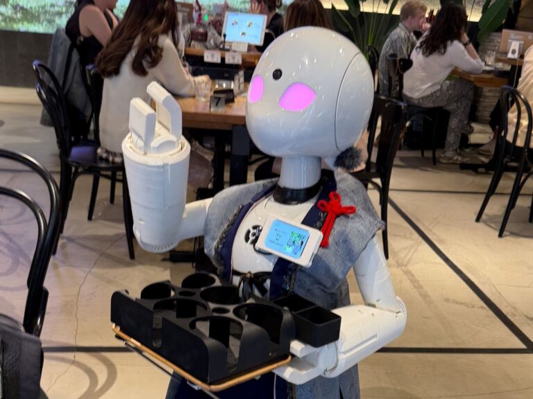 robot server carrying a drinks tray at Dawn Avatar cafe tokyo