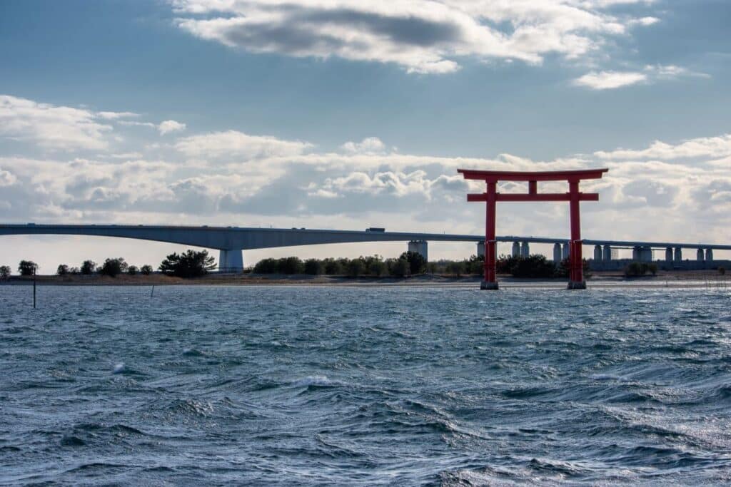 red tori gate in the lake at Hamamatsu