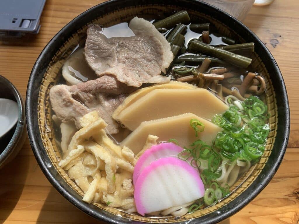 Hot soba with beans, mushrooms, spring onions, bamboo shoots, tofu, crab cake and wild boar in the Iya Valley
