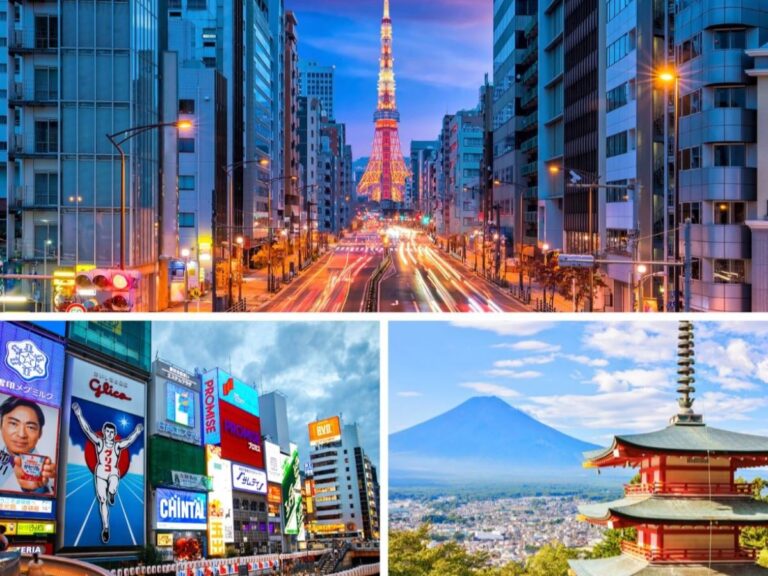 Composite shot of three images from Tokyo, Osaka and Mount Fuji