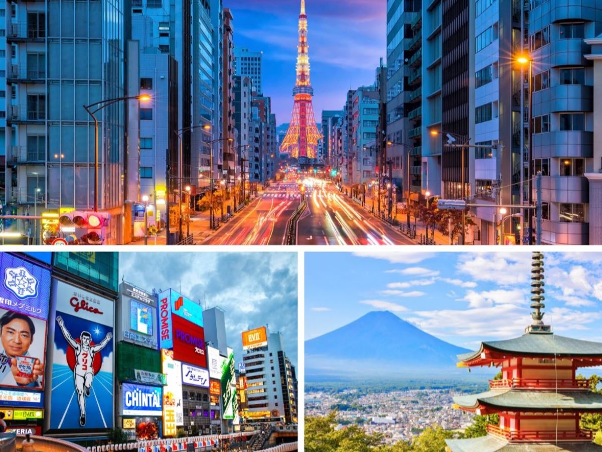 Composite shot of three images from Tokyo, Osaka and Mount Fuji